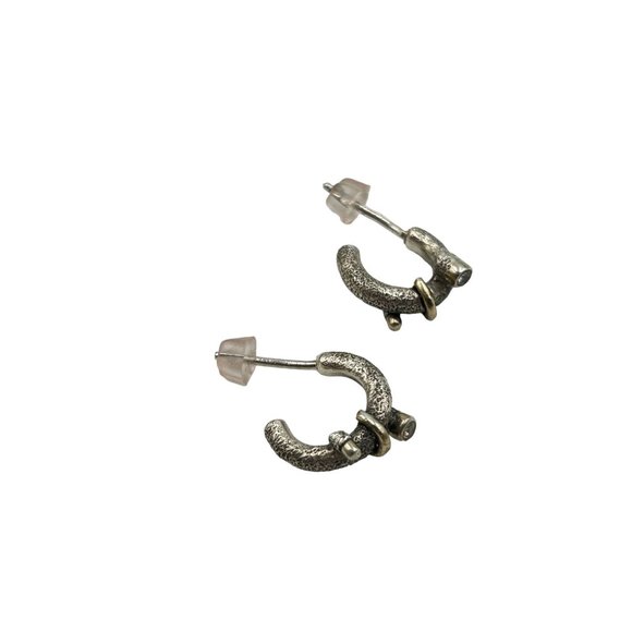 Tiny Half Hoop Earrings Sterling Silver Gold Wash Accents & CZ Stones Pierced - Picture 1 of 7